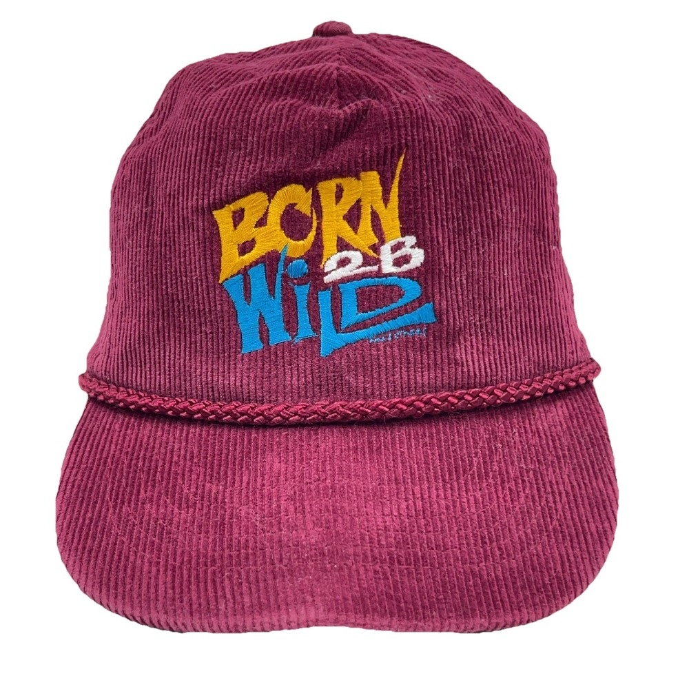 Vintage Corduroy Hat‎ Cap Strap Back Trucker Rope Maroon Born 2 B wild 90s Y2K